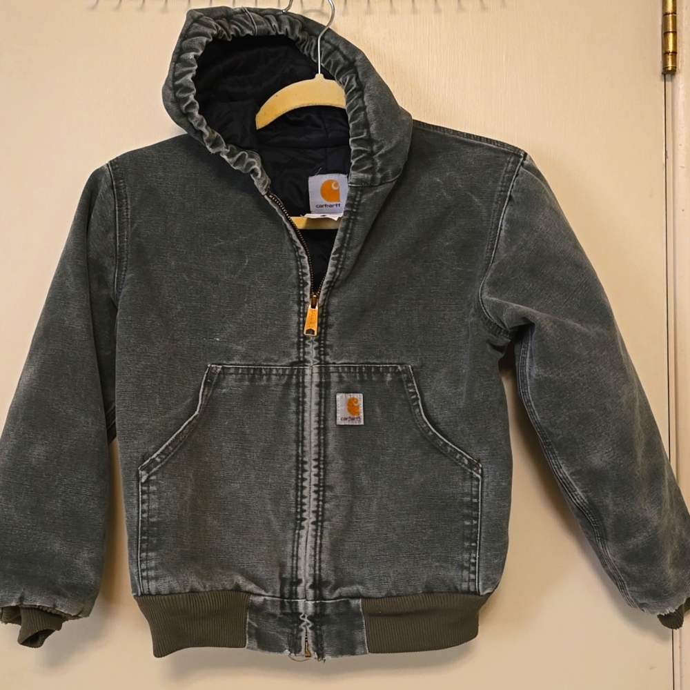 Vintage Carhartt Jacket Boy/Kid/Youth Gray/Moss Distress Medium Duck Canvas Hood